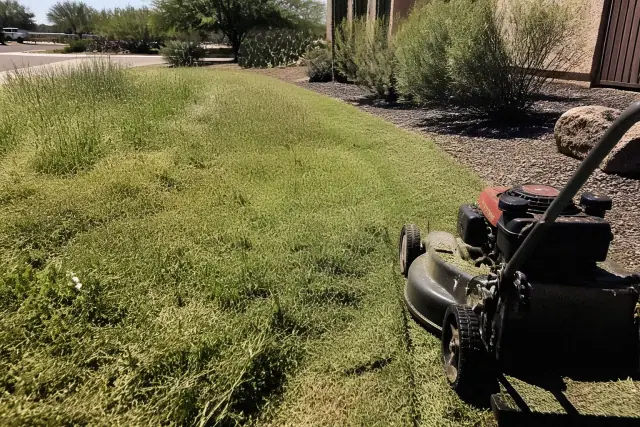 A technician mows a neglected lawn with a push mower in front of a stucco wall in Goodyear, AZ.