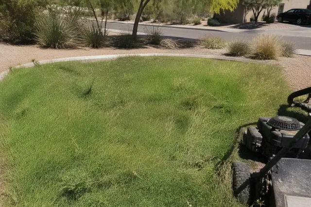 Neglected lawn with uneven grass and weeds at a residential property in Mesa, AZ, under bright desert sunlight.