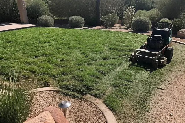 A landscaping technician mows a patchy lawn with weeds and thatch in Cave Creek, AZ, under bright desert sunlight.