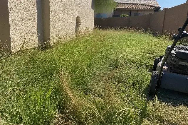 A neglected lawn with patches of weeds and uneven grass in Phoenix, AZ during a professional lawn care service.