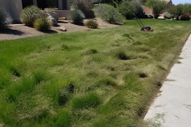A neglected patch of grass being mowed during a lawn care project in Scottsdale, AZ.