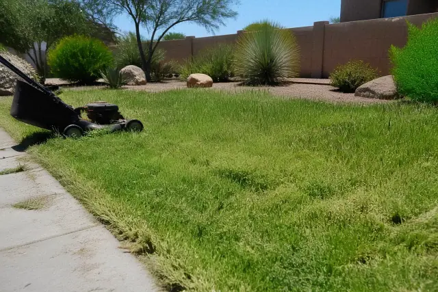 Lawn mower working on a neglected patch of grass in Tempe, AZ.