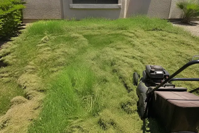 A lawn mower cutting an overgrown, weedy patch of grass in Phoenix, AZ under harsh midday desert sun.