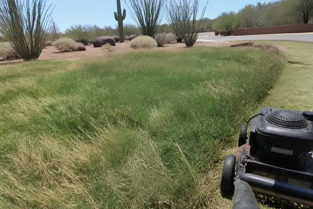A commercial mower trimming an overgrown, patchy lawn in a residential yard in Phoenix, AZ.