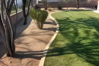 Technician performing a final lawn inspection with clean edges on a sunny residential property in Phoenix, AZ.
