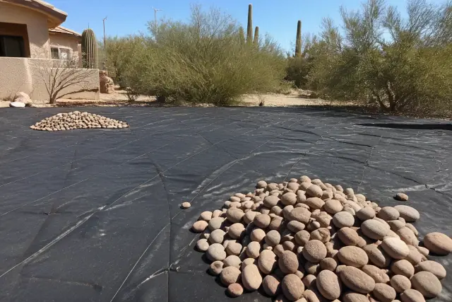Weed barrier fabric pinned to the ground for a lawn-to-rock conversion project in Phoenix, AZ.