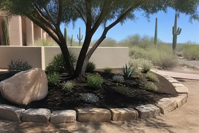 Empty garden bed with stone edging ready for planting in a Phoenix, AZ yard with saguaro cacti in the background.
