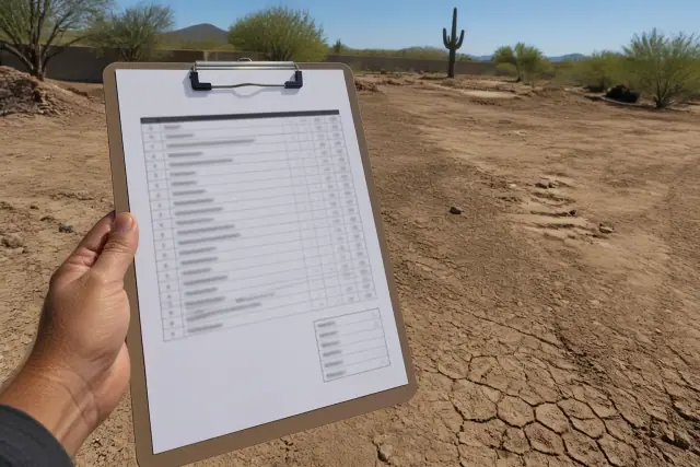 A landscaping estimate on a clipboard held over dry, barren soil in Phoenix, AZ with a distant saguaro cactus.