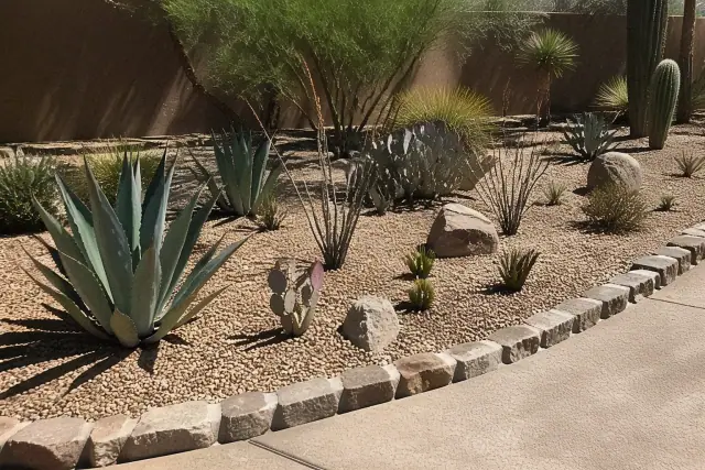 Freshly planted agave and prickly pear with crushed granite landscaping in Phoenix, AZ.
