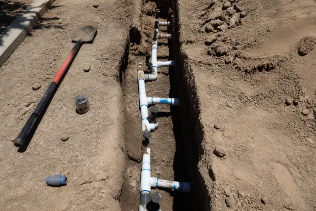 Exposed PVC pipes and sprinkler heads in a narrow irrigation trench during a system repair in Phoenix, AZ.