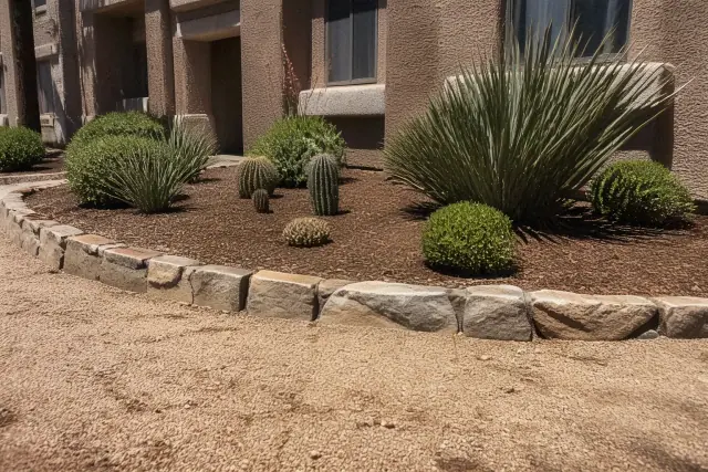 Freshly mulched garden bed with trimmed cacti, desert shrubs, and stone edging in a Phoenix, AZ yard.