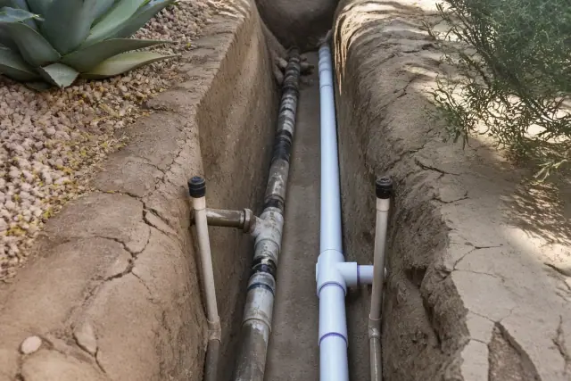 A narrow trench in Phoenix, AZ, showing aged pipe fittings next to new PVC piping during a sprinkler system repair.