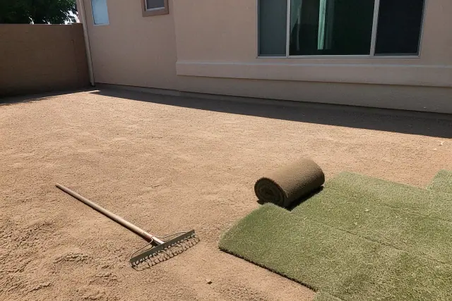 A half-mowed lawn with patches of weeds and dry grass at a property in Phoenix, AZ.