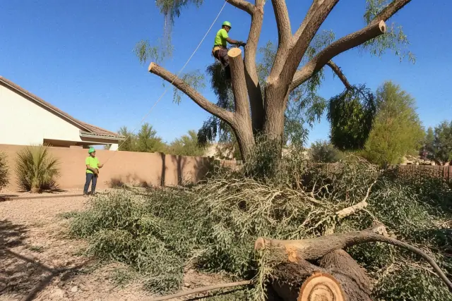 Tree trimming crew removing storm-damaged branches from a large tree in a Phoenix, AZ yard.