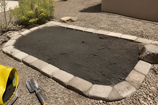 Prepared soil bed with stone edging, tools, and desert gravel in Phoenix, AZ ready for native plant installation.