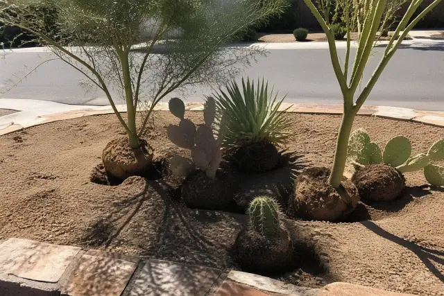 Newly planted native trees and cacti with fresh mulch in a desert garden bed in Phoenix, AZ.