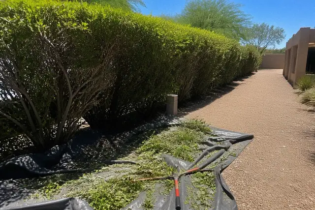 Untrimmed hedge with manual hand shears resting on a branch in a Phoenix, AZ landscape with crushed granite ground cover.