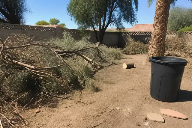 Yard debris and cleared patches of land during a yard cleanup in Phoenix, AZ.
