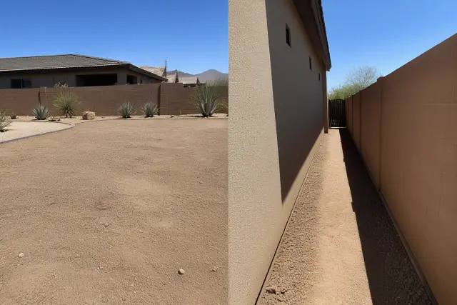 A dirt yard with desert agave plants showing open versus tight side-yard access in Phoenix, AZ.