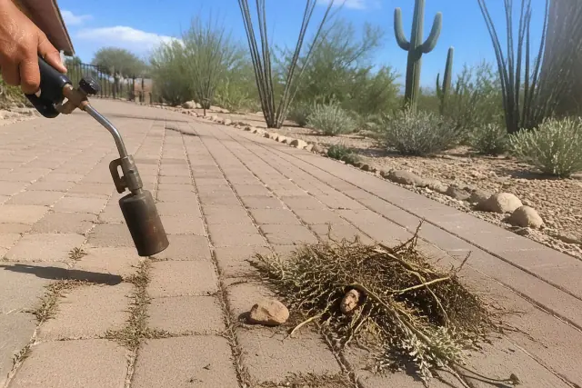 Technician using a propane torch for weed control on a Phoenix, AZ path with pulled roots and desert gravel nearby.