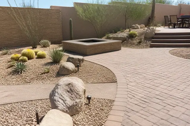 Completed desert landscaping with stone pavers, large boulders, and crushed granite in Phoenix, AZ.