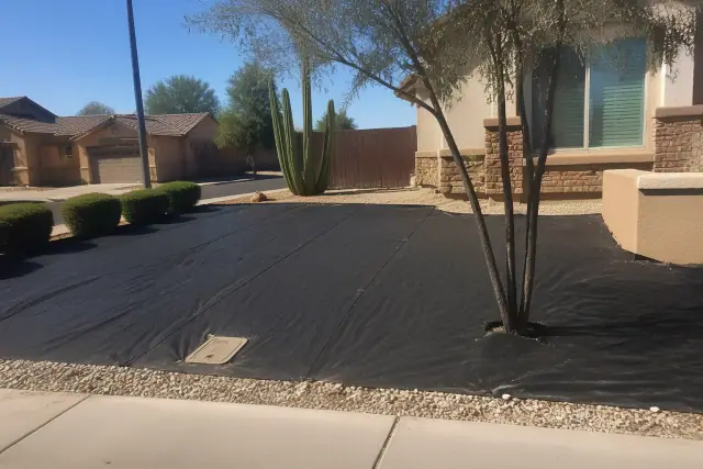 A backyard in Phoenix, AZ with weed barrier fabric laid over dirt, ready for decorative gravel and crushed granite.