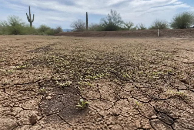 Tiny green weed sprouts emerging from sun-baked, cracked soil in Phoenix, AZ.