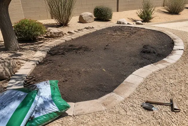 Prepared soil bed with stone edging, mulch, and gardening tools for landscaping in Scottsdale, AZ.