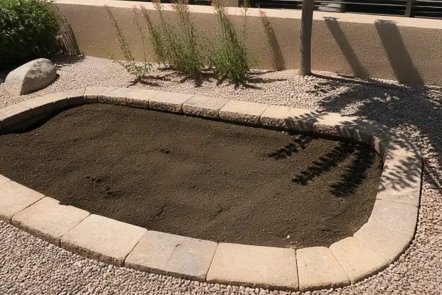 Prepared soil planter bed with stone edging for landscaping in Chandler, AZ.