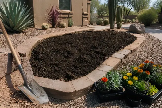 A shovel and plants in a soil bed framed with stone at a landscaping worksite in Peoria, AZ.