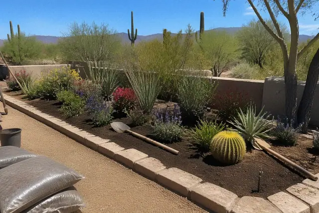 Newly planted desert shrubs and succulents in a garden bed in Paradise Valley, AZ, with shovels and compost bags nearby.