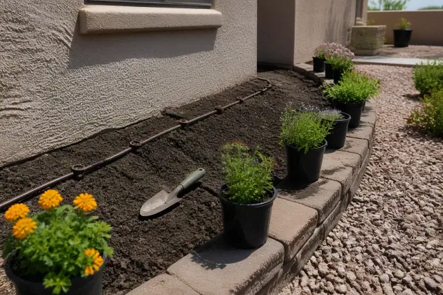 Ornamental plants and a trowel in a prepared soil garden bed during a landscaping project in Mesa, AZ.