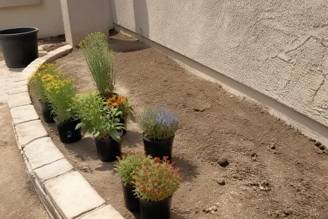 Nursery pots and ornamental plants staged for landscaping installation in a garden bed in Tempe, AZ.