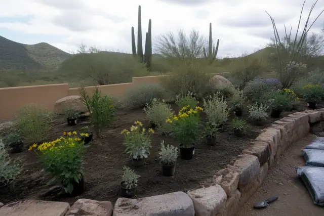 Newly planted flowers in a stone-edged garden bed in Cave Creek, AZ with desert landscape in the background.