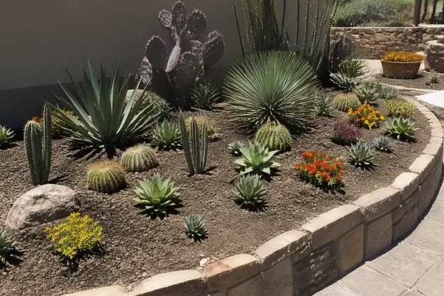 Native desert succulents and cacti planted in a stone-edged garden bed in Phoenix, AZ.