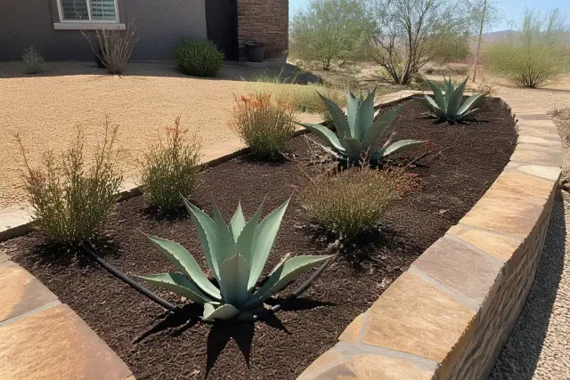 Newly planted agave and desert spoon plants with organic mulch and irrigation lines in a Goodyear, AZ garden bed.