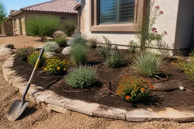 Newly planted shrubs and flowers with mulch and drip irrigation in a Gilbert, AZ residential yard.