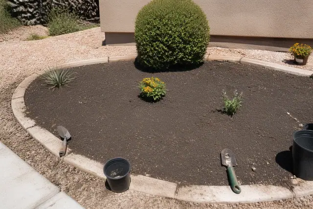 Prepared soil bed with stone edging and gardening tools for a landscaping project in Glendale, AZ.
