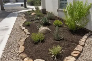 Native succulents and drought-tolerant shrubs planted in fresh mulch at a residential yard in Phoenix, AZ.