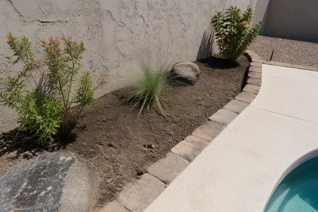 Prepared soil bed with stone edging and desert granite for poolside plants in Phoenix, AZ.