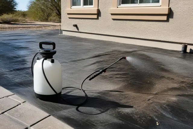 Handheld pump sprayer and treated soil on a weed barrier fabric site in Phoenix, AZ.