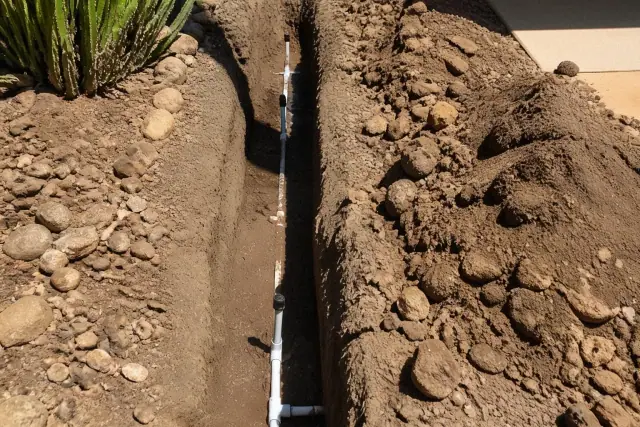 Narrow excavation showing irrigation pipe segments and sprinkler heads during a repair project in Phoenix, AZ.