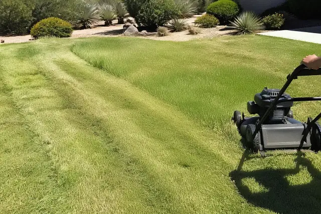 Lawn mower tracks in a grass yard during a landscaping service in Phoenix, AZ.