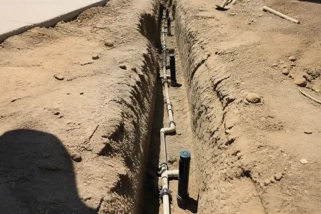 Exposed irrigation pipes and sprinkler heads during a system repair in a trench in Phoenix, AZ.