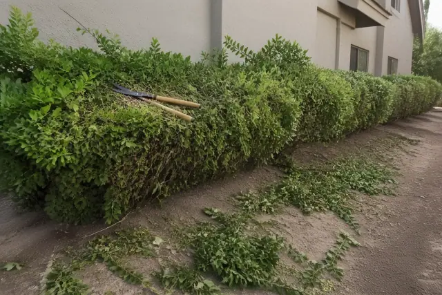 Manual hedge shears resting on a partially trimmed row of shrubs at a residential property in Phoenix, AZ.