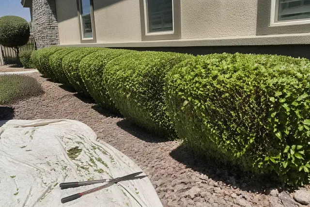 Freshly trimmed hedge with hand shears on a drop cloth in a Phoenix, AZ yard.