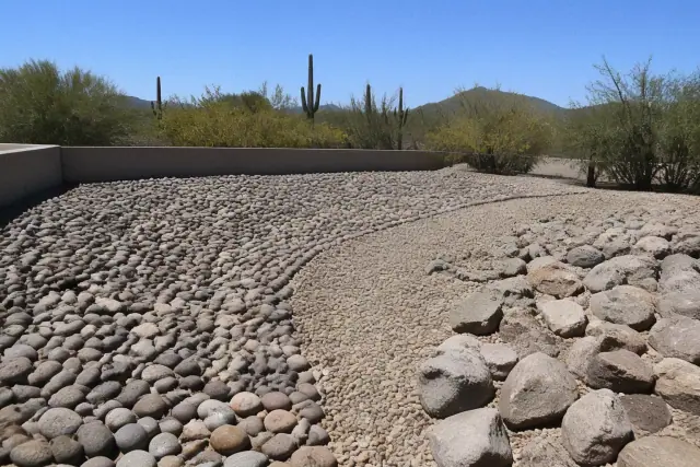 Fresh installation of river rock, pea gravel, and rip rap in a Phoenix, AZ landscape with saguaro cactus in the background.