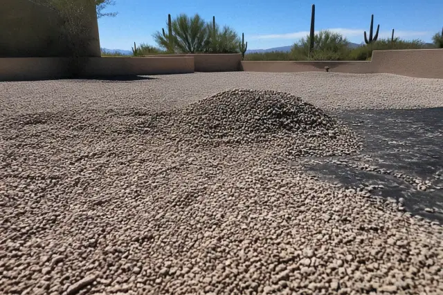 Decorative rock and gravel groundcover being spread in a residential desert landscape in Phoenix, AZ.