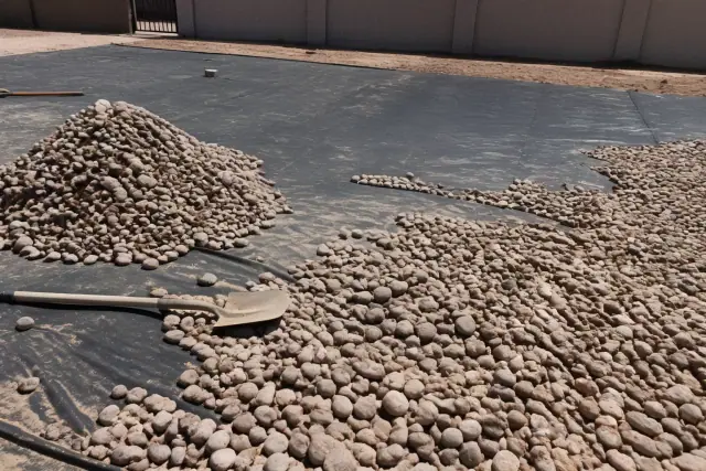 A flat shovel spreading decorative river rock over a weed barrier at a desert landscape jobsite in Phoenix, AZ.