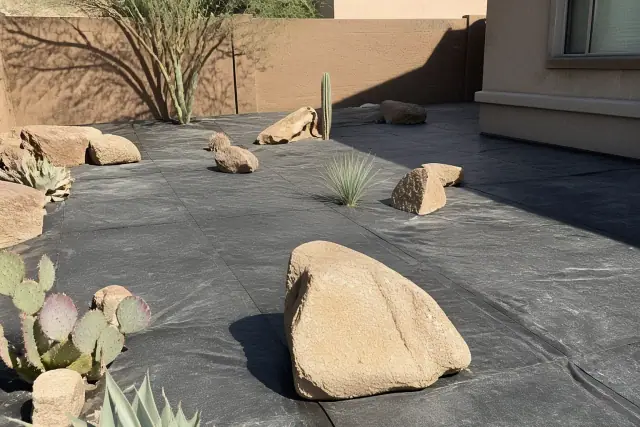 Weed barrier fabric installed on a desert landscape foundation for rock covering in Phoenix, AZ.